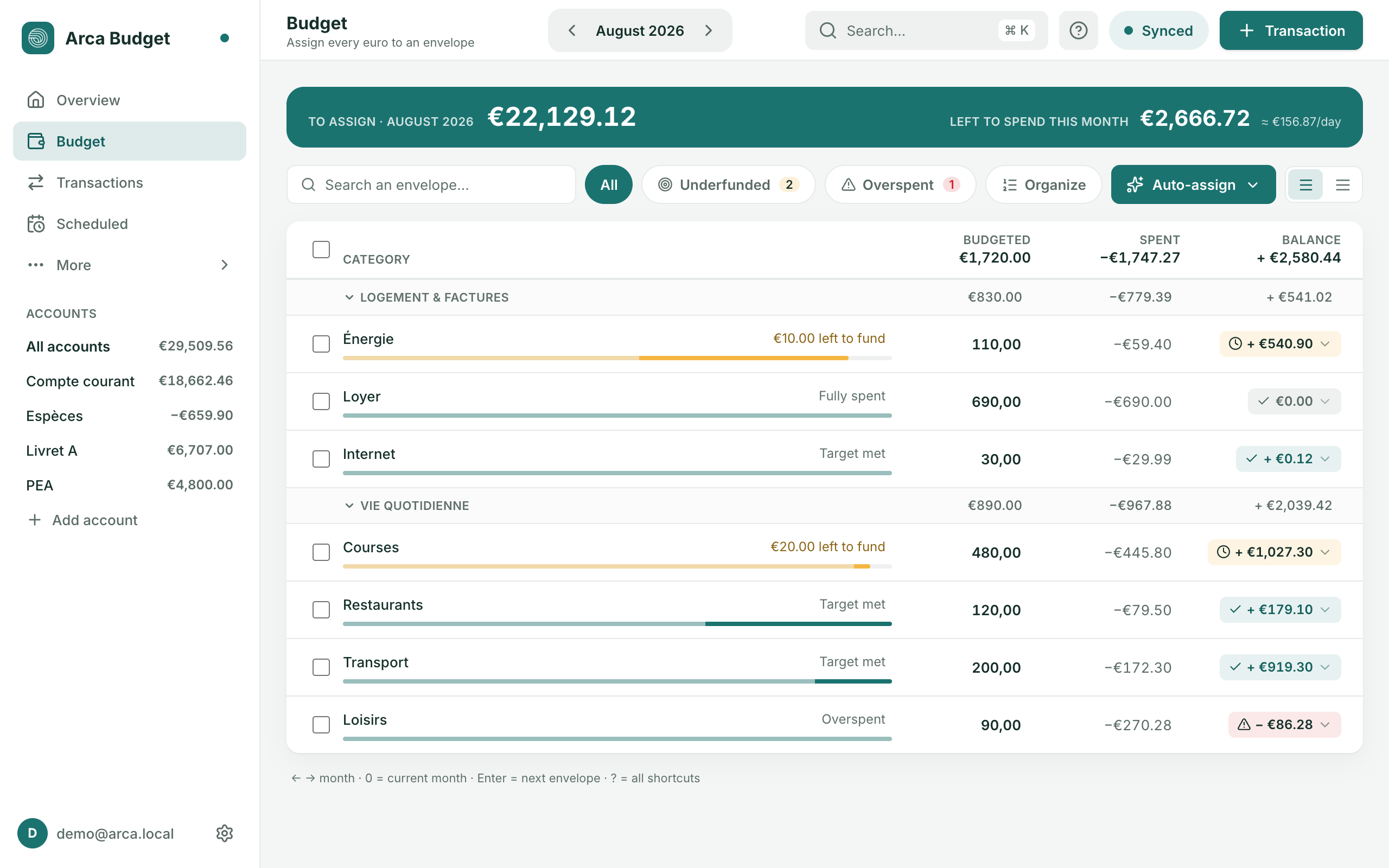 Arca in a browser — the budget: envelopes, what is left in each, the month balanced.