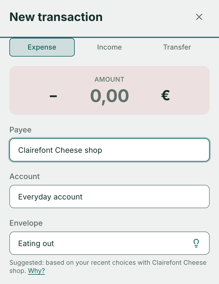 Arca’s New transaction panel. Payee: Café des Sports. Envelope: Restaurants, with a light bulb. Below the field: “Suggested: based on your recent choices with Café des Sports.”, then the link “Why?”.