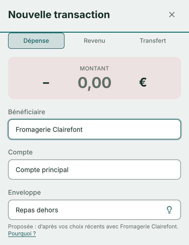 Le panneau Nouvelle transaction d’Arca. Bénéficiaire : Café des Sports. Enveloppe : Restaurants, avec une ampoule. Sous le champ : « Proposée : d’après vos choix récents avec Café des Sports. », puis le lien « Pourquoi ? ».