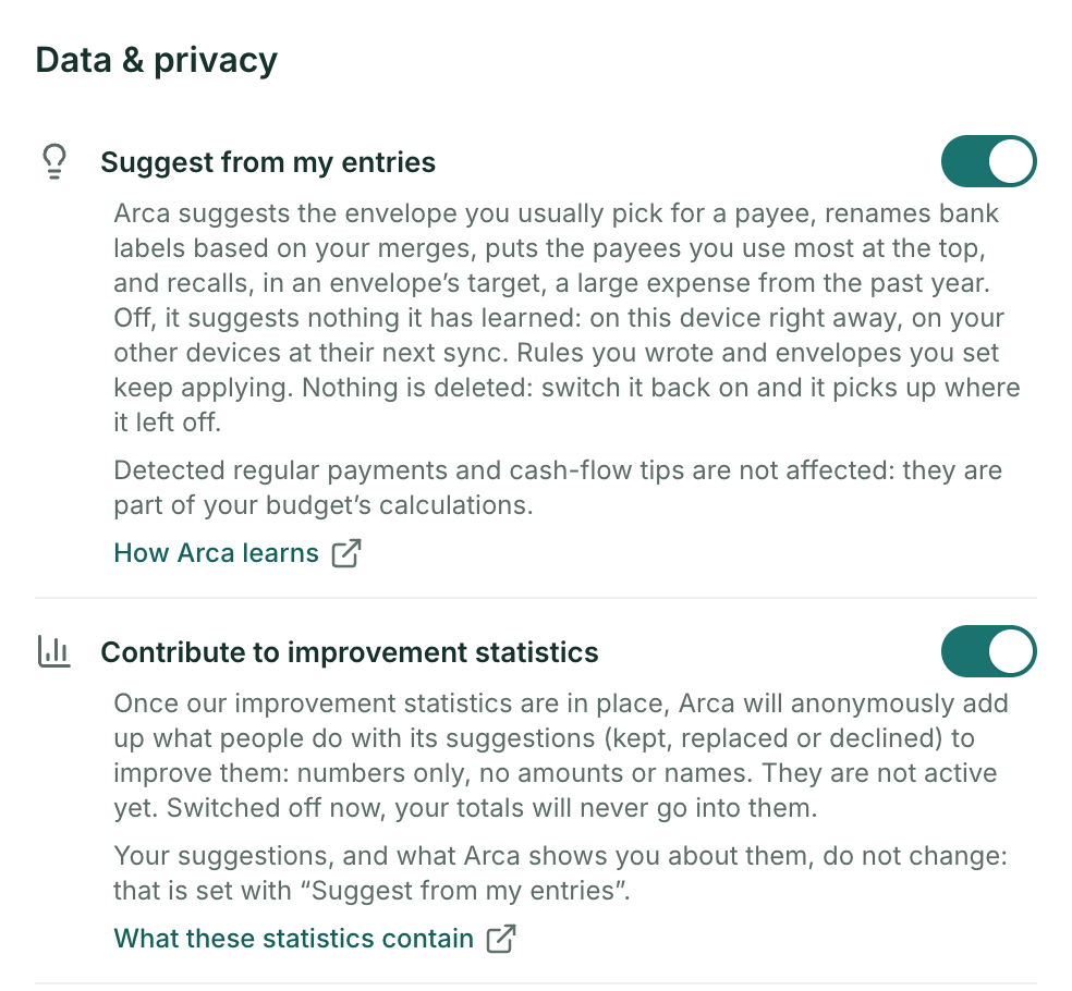 The Data & privacy section of Arca’s Settings. Two switches, both on: “Suggest from my entries” and “Contribute to improvement statistics”, each followed by its help text and a link to the privacy policy.
