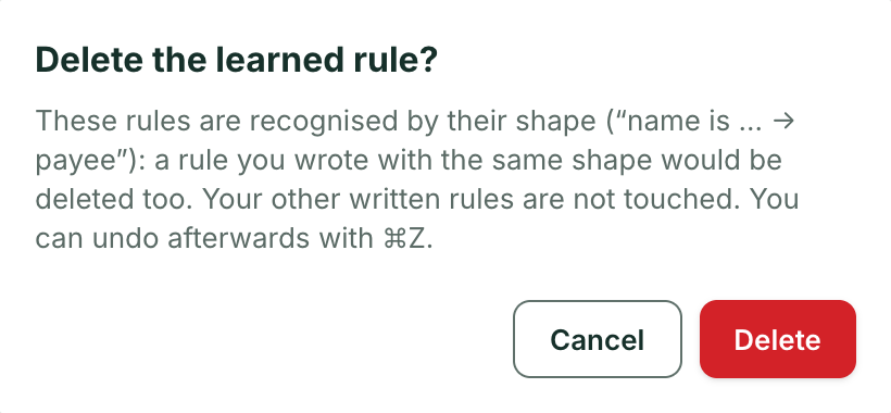 Confirmation box “Delete the learned rule?”. Text: these rules are recognised by their shape (“name is … → payee”); a rule you wrote with the same shape would be deleted too; your other written rules are not touched; you can undo afterwards with ⌘Z. Buttons Cancel and Delete.