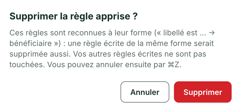 Boîte de confirmation « Supprimer la règle apprise ? ». Texte : ces règles sont reconnues à leur forme (« libellé est … → bénéficiaire ») ; une règle écrite de la même forme serait supprimée aussi ; vos autres règles écrites ne sont pas touchées ; vous pouvez annuler ensuite par ⌘Z. Boutons Annuler et Supprimer.