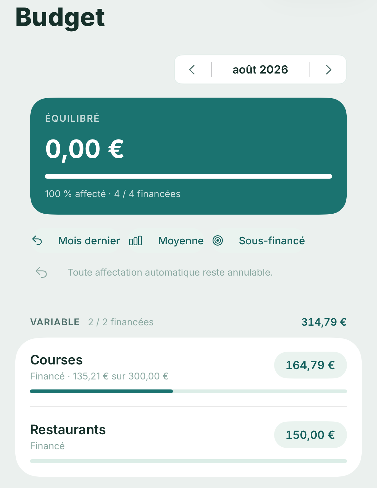 Arca on iPhone — budget: envelopes and what is left in each.