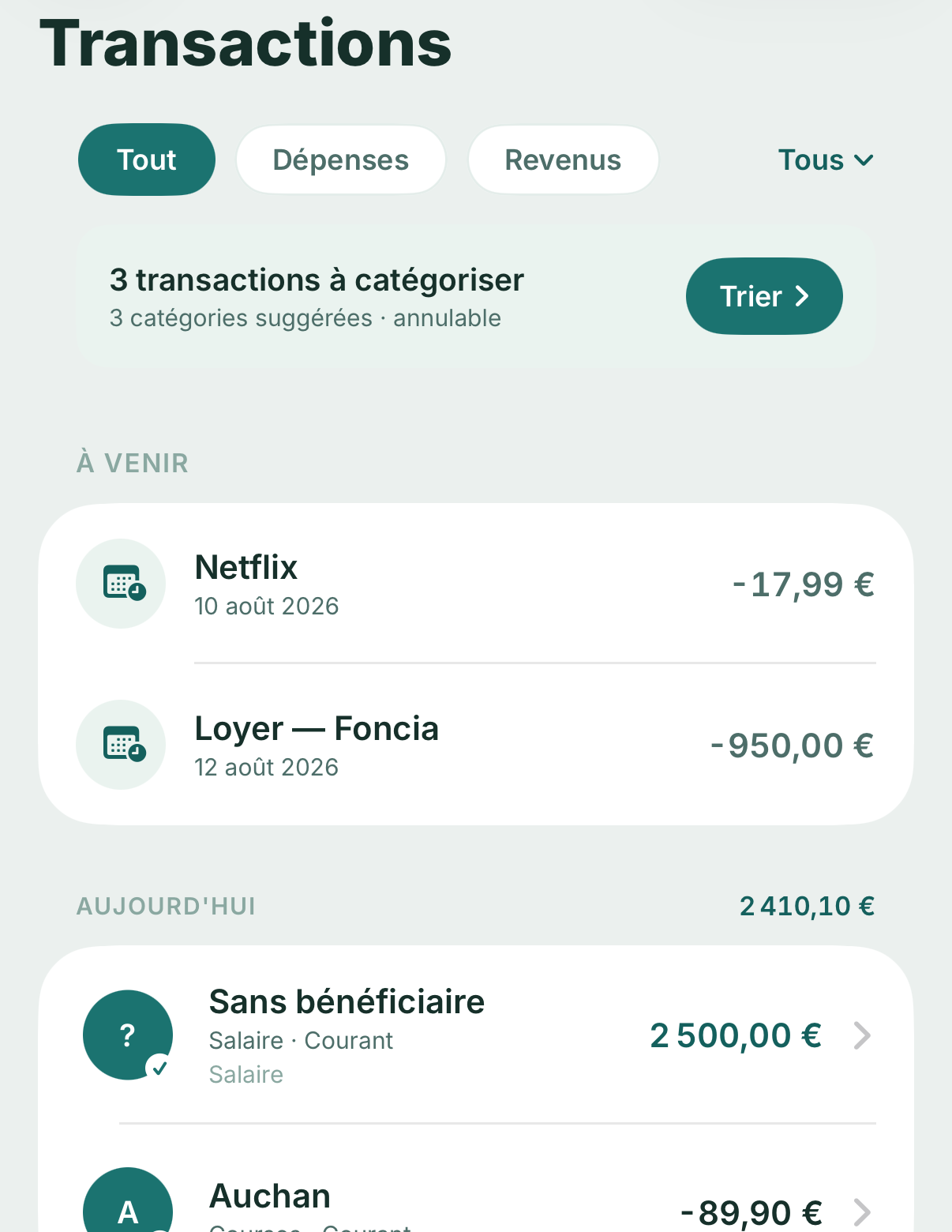 Arca on iPhone — transactions: payees, amounts, dates.